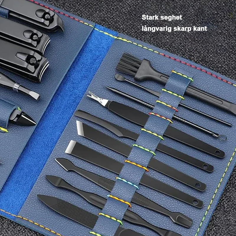 "Elegant 16-delars nagelkit i rostfritt stål, för personlig vård av naglar, ansikte och fötter, i stilren läderförpackning."