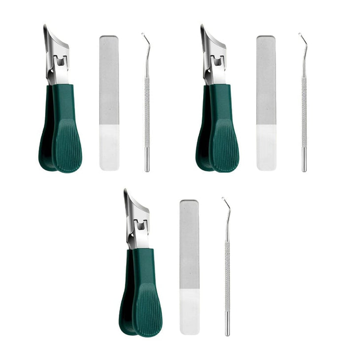 "Elegant 3-delad nagelvårdset: snedkantad nagelklippare, nano glas nagelfil, ergonomisk rengörare för proffsvård hemma."