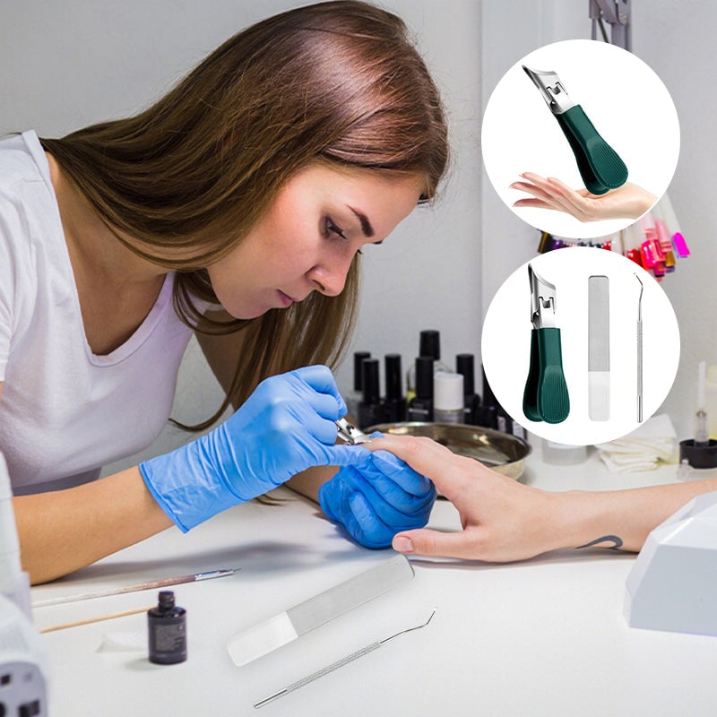 "Elegant 3-delad nagelvårdset: snedkantad nagelklippare, nano glas nagelfil, ergonomisk rengörare för proffsvård hemma."