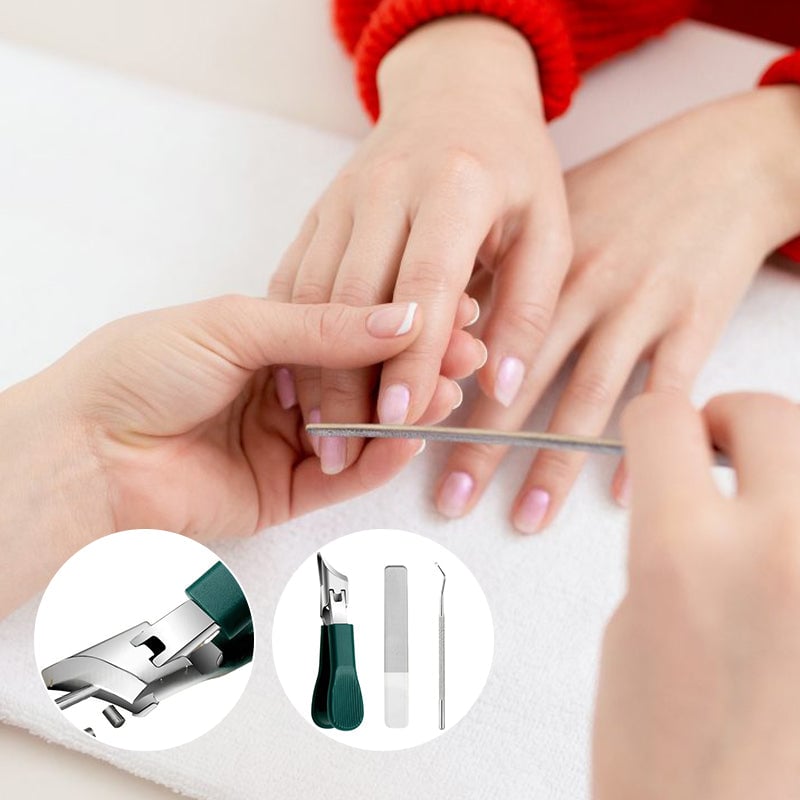 "Elegant 3-delad nagelvårdset: snedkantad nagelklippare, nano glas nagelfil, ergonomisk rengörare för proffsvård hemma."