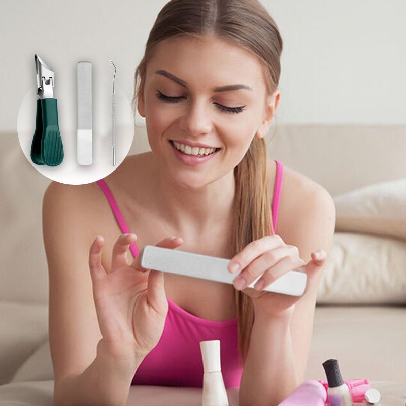 "Elegant 3-delad nagelvårdset: snedkantad nagelklippare, nano glas nagelfil, ergonomisk rengörare för proffsvård hemma."