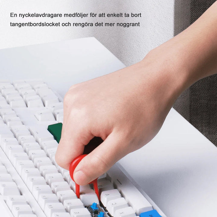 "Elegant 5-i-1 rengöringsborste vit/röd för tangentbord och hörlurar. Ergonomisk design, multifunktionell med dubbla huvuden.