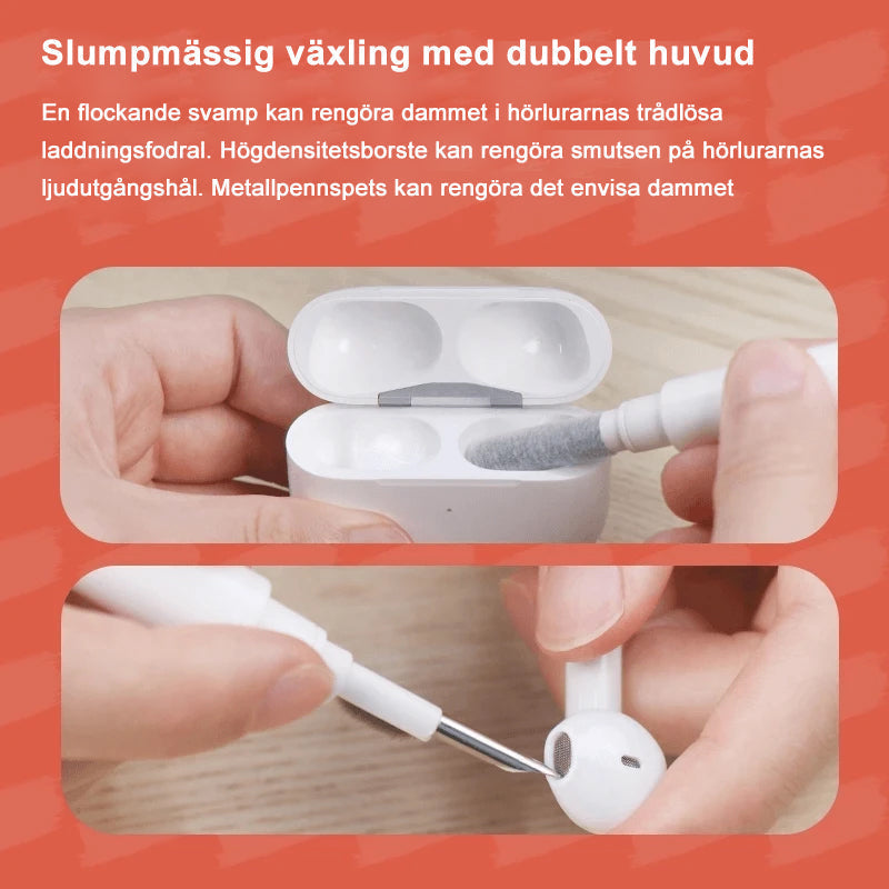 "Elegant 5-i-1 rengöringsborste vit/röd för tangentbord och hörlurar. Ergonomisk design, multifunktionell med dubbla huvuden.