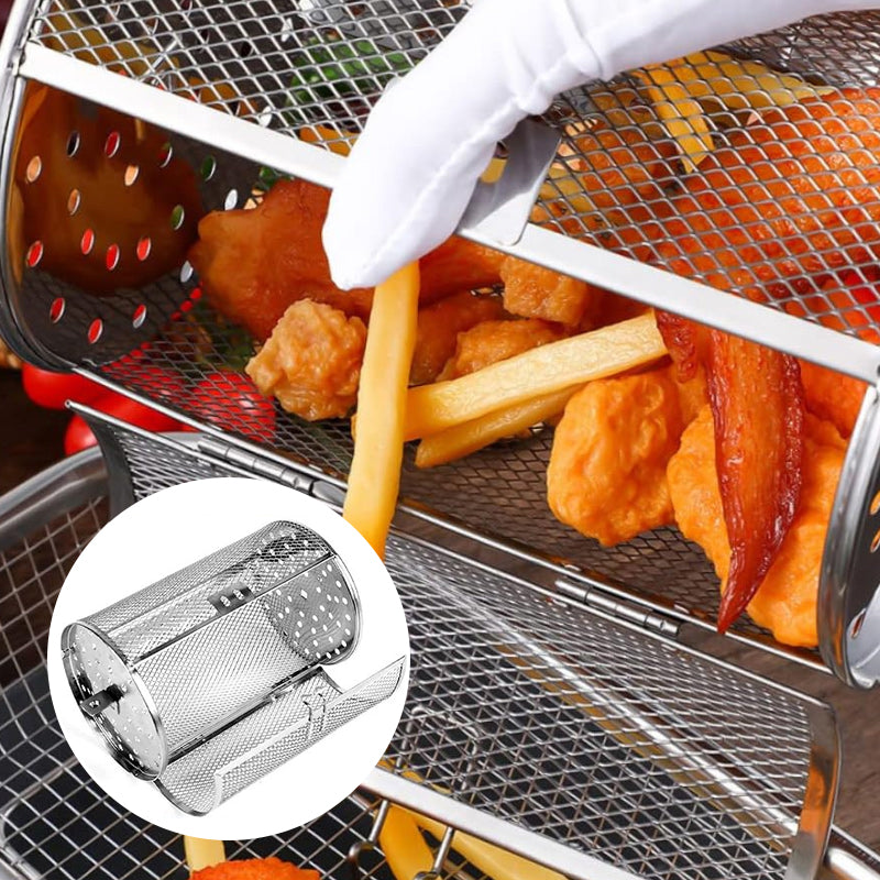 "Elegant automatisk roterande grill i robust rostfritt stål, perfekt för jämn grillning och bakning i köket."