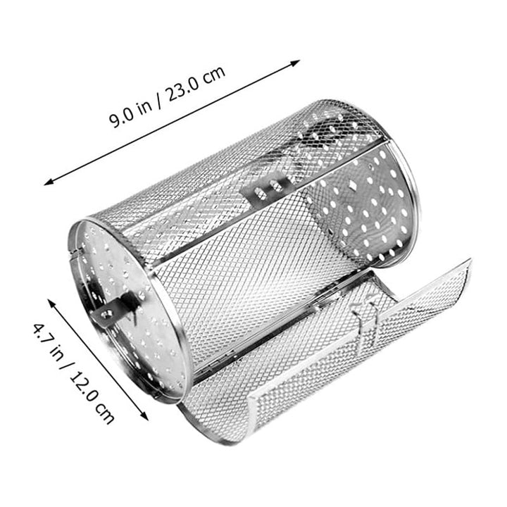 "Elegant automatisk roterande grill i robust rostfritt stål, perfekt för jämn grillning och bakning i köket."