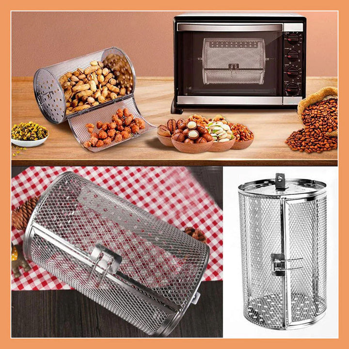 "Elegant automatisk roterande grill i robust rostfritt stål, perfekt för jämn grillning och bakning i köket."
