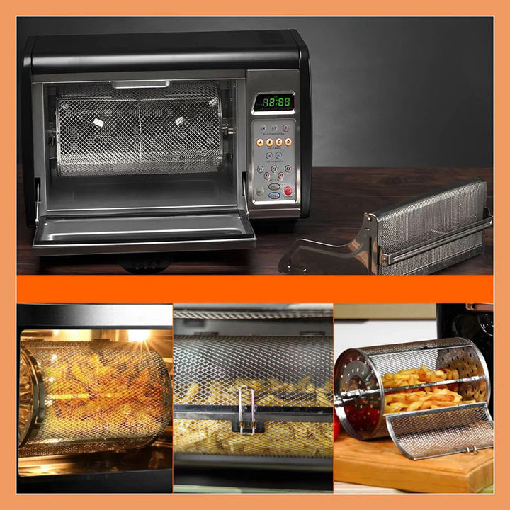 "Elegant automatisk roterande grill i robust rostfritt stål, perfekt för jämn grillning och bakning i köket."