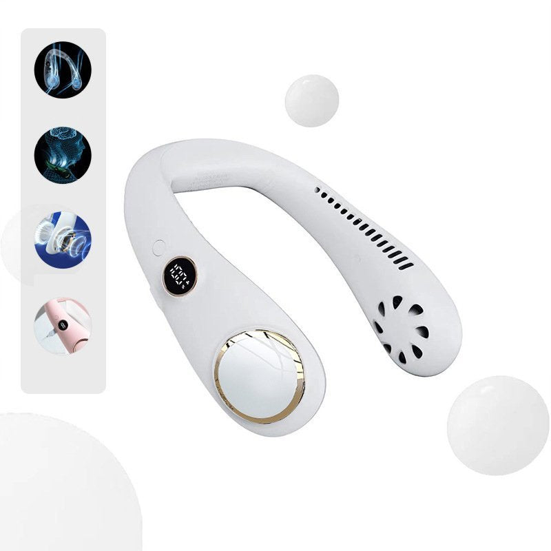 "Elegant bärbar halsfläkt med digital skärm, bladlös design, justerbara hastigheter och tysta kylfunktioner."