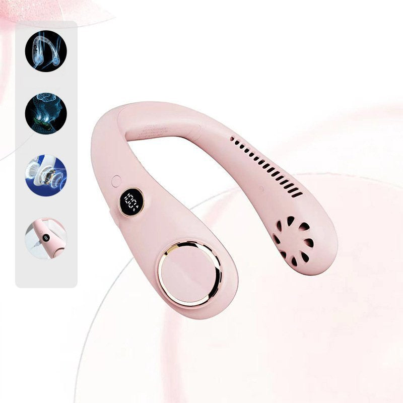 "Elegant bärbar halsfläkt med digital skärm, bladlös design, justerbara hastigheter och tysta kylfunktioner."