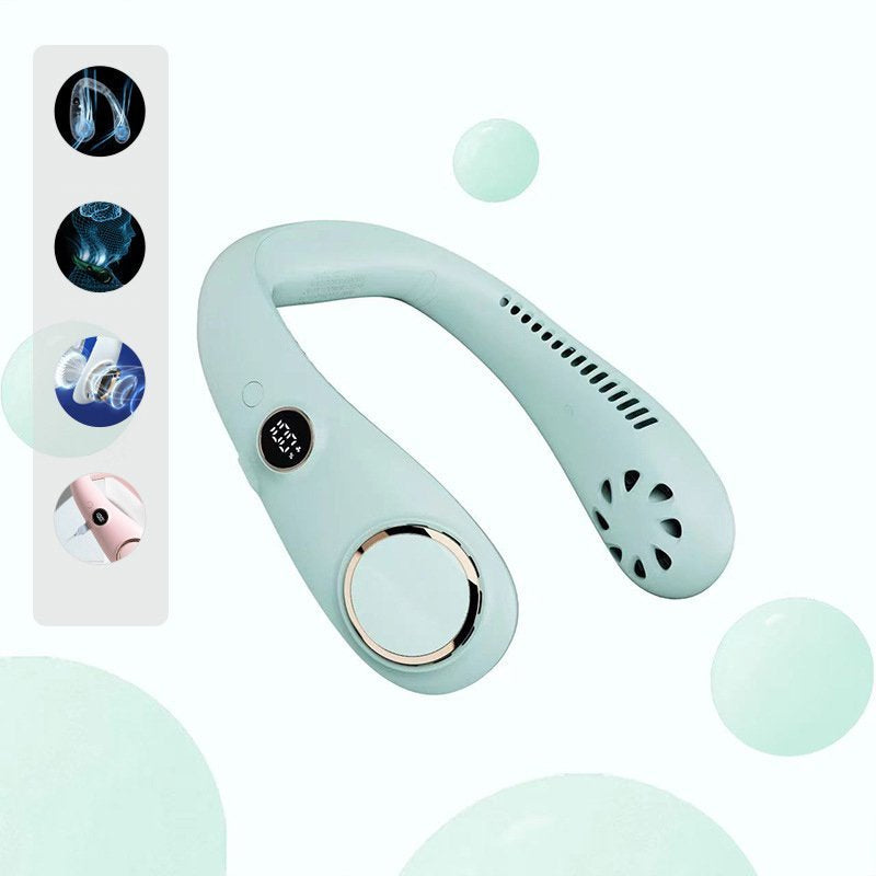 "Elegant bärbar halsfläkt med digital skärm, bladlös design, justerbara hastigheter och tysta kylfunktioner."