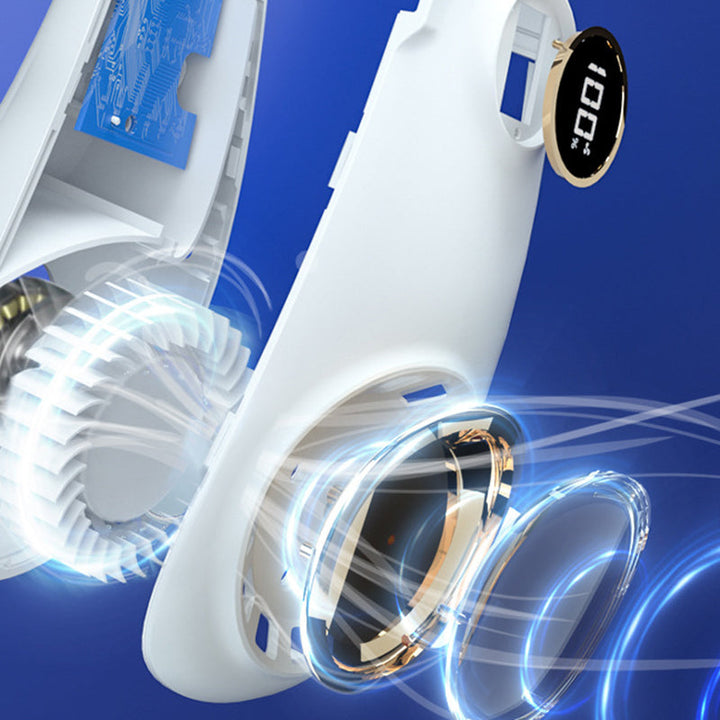 "Elegant bärbar halsfläkt med digital skärm, bladlös design, justerbara hastigheter och tysta kylfunktioner."