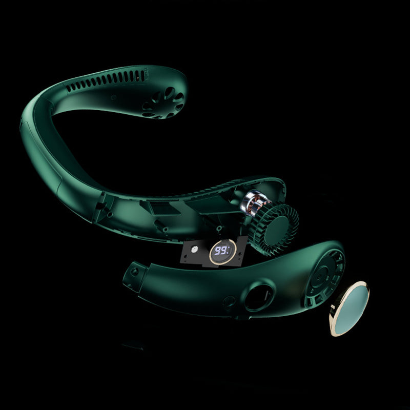 "Elegant bärbar halsfläkt med digital skärm, bladlös design, justerbara hastigheter och tysta kylfunktioner."