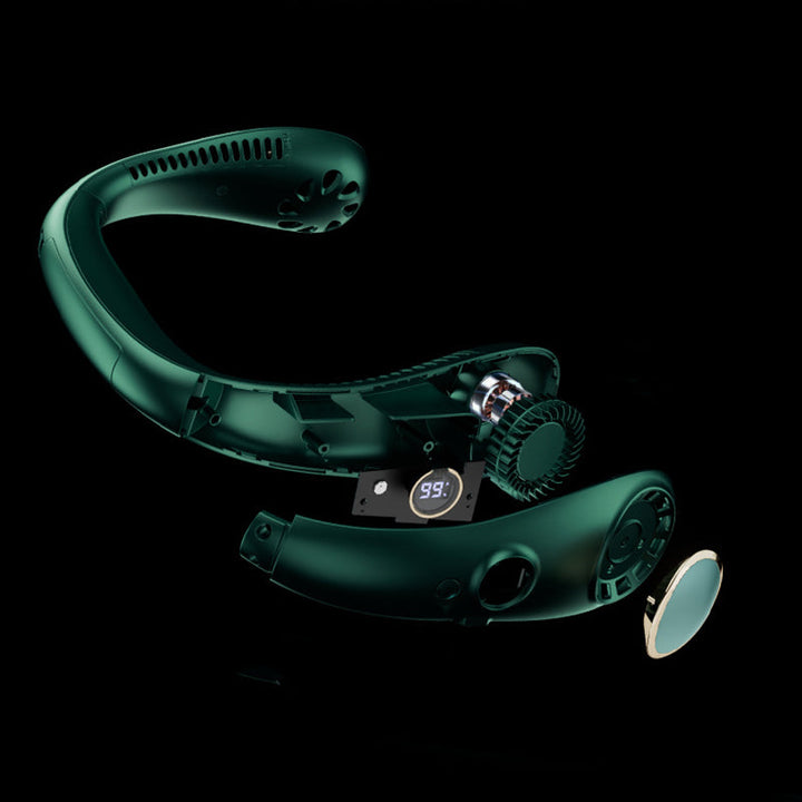 "Elegant bärbar halsfläkt med digital skärm, bladlös design, justerbara hastigheter och tysta kylfunktioner."