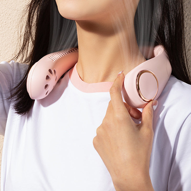 "Elegant bärbar halsfläkt med digital skärm, bladlös design, justerbara hastigheter och tysta kylfunktioner."