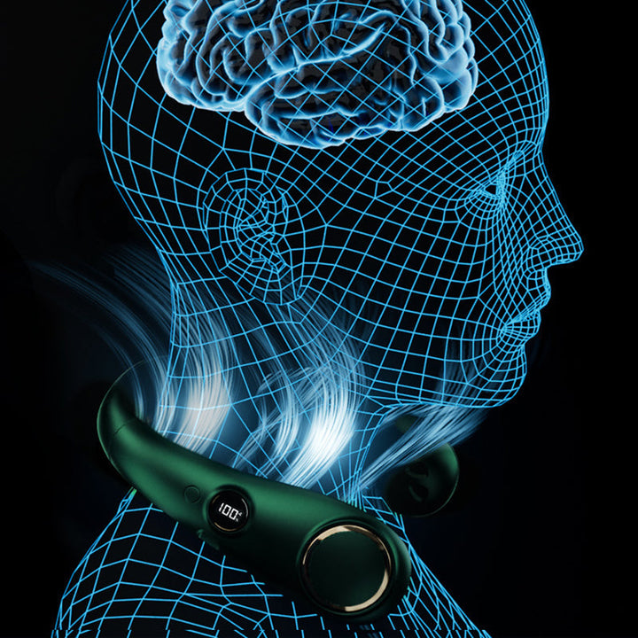 "Elegant bärbar halsfläkt med digital skärm, bladlös design, justerbara hastigheter och tysta kylfunktioner."