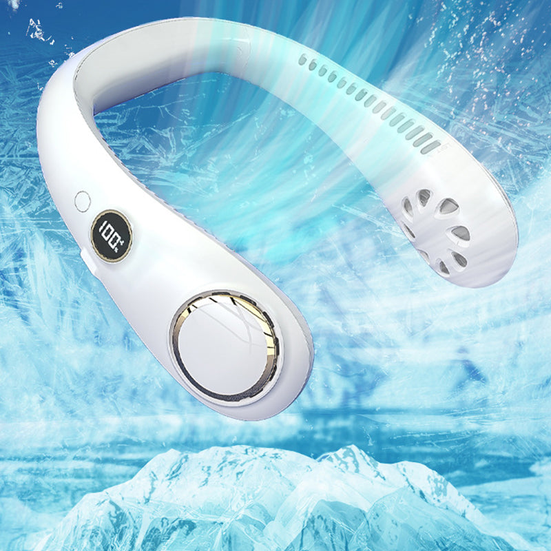 "Elegant bärbar halsfläkt med digital skärm, bladlös design, justerbara hastigheter och tysta kylfunktioner."