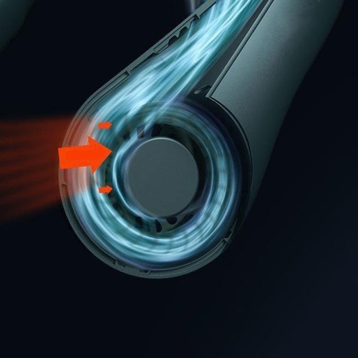 "Elegant bärbar halsfläkt med digital skärm, bladlös design, justerbara hastigheter och tysta kylfunktioner."