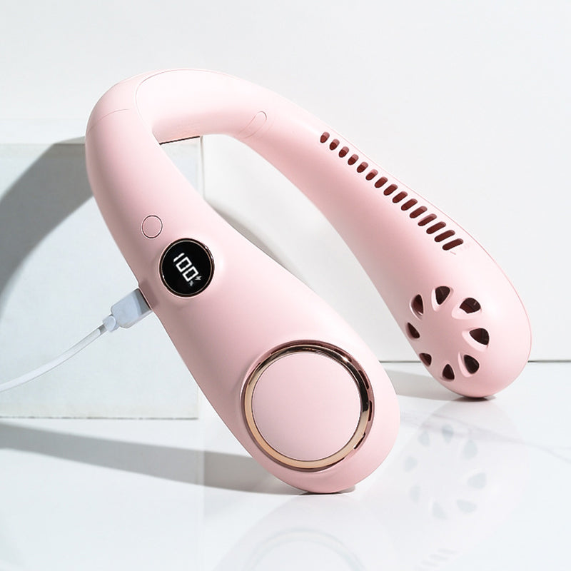 "Elegant bärbar halsfläkt med digital skärm, bladlös design, justerbara hastigheter och tysta kylfunktioner."