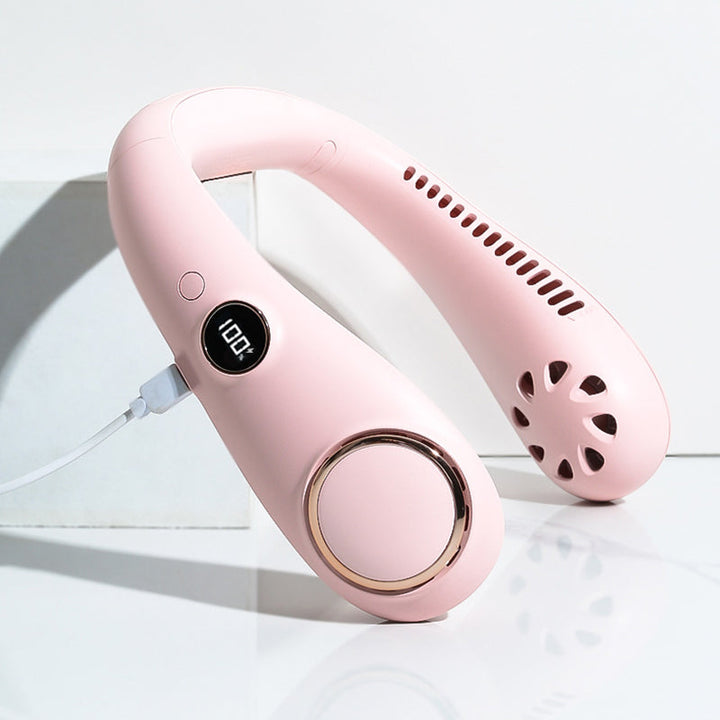 "Elegant bärbar halsfläkt med digital skärm, bladlös design, justerbara hastigheter och tysta kylfunktioner."