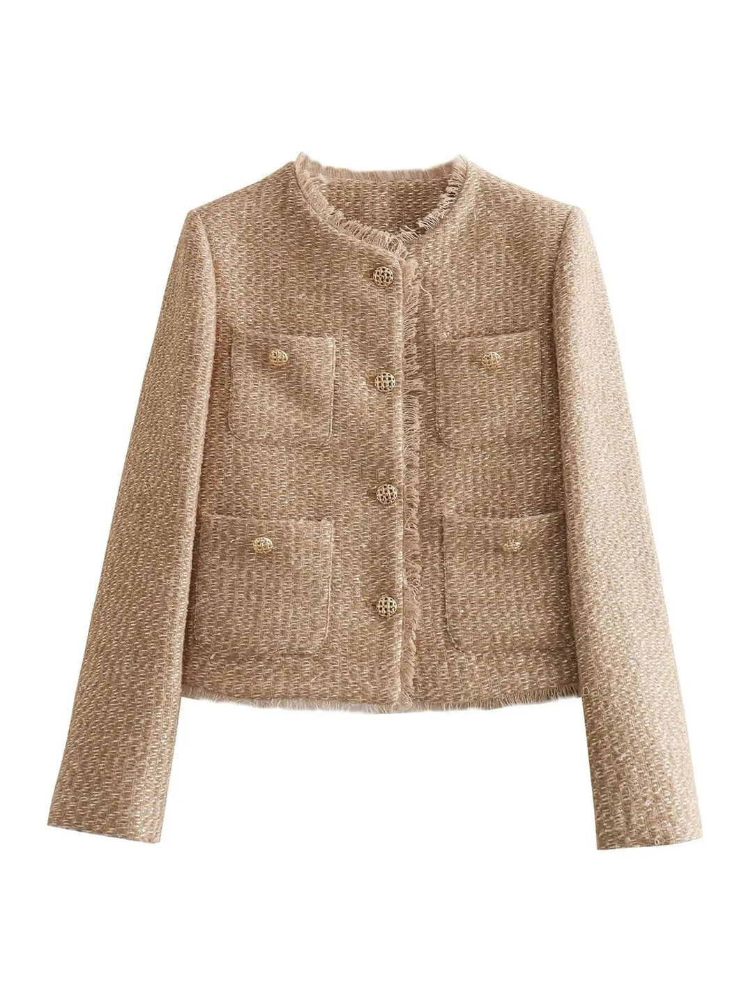 "Elegant beige tweedjacka för kvinnor, Luna, med guldglänsande detaljer och klassisk design. Perfekt för alla tillfällen."