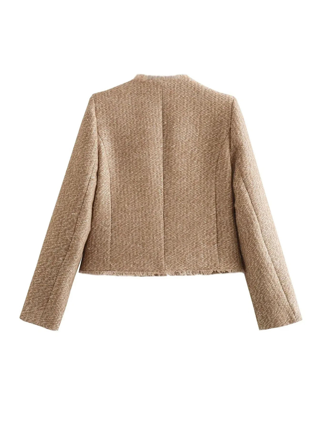 "Elegant beige tweedjacka för kvinnor, Luna, med guldglänsande detaljer och klassisk design. Perfekt för alla tillfällen."