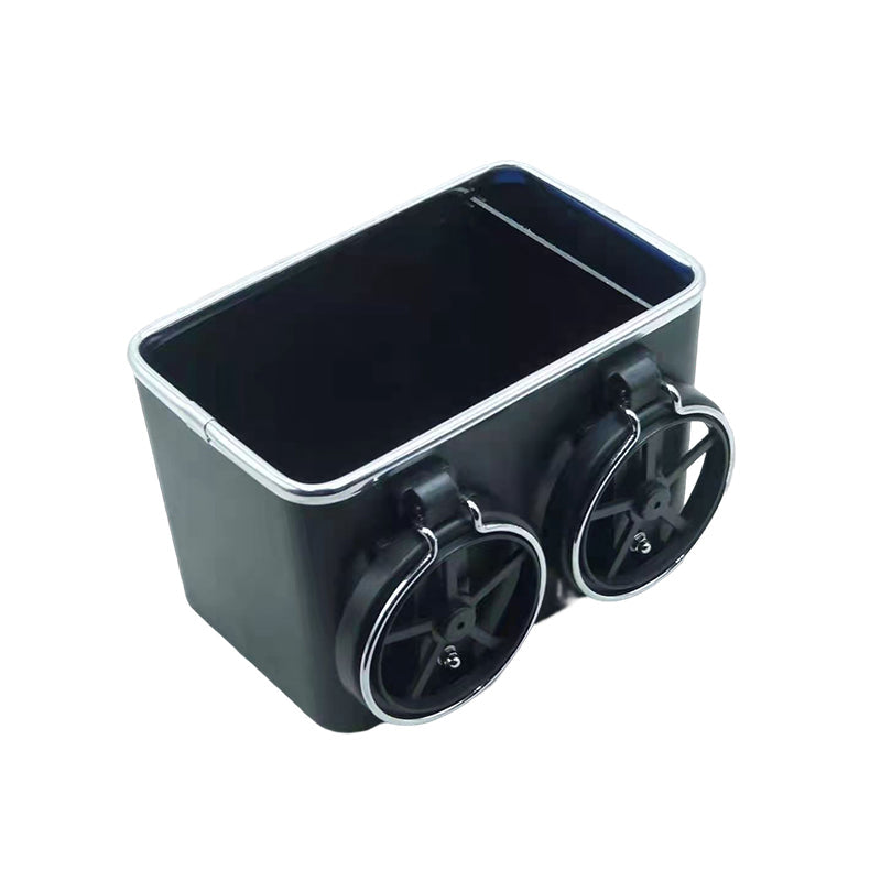 "Elegant bilarmstöd förvaringsbox i svart/beige ABS, perfekt för organisering av småsaker i bilen, matchar interiören."