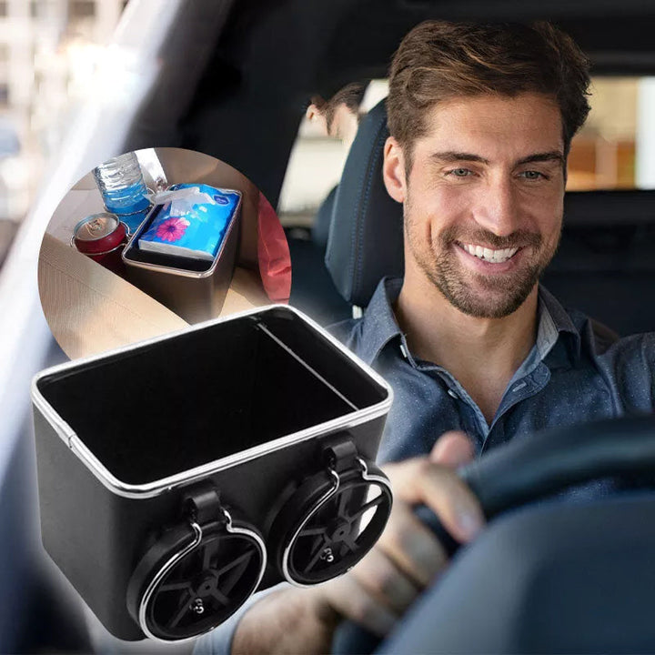 "Elegant bilarmstöd förvaringsbox i svart/beige ABS, perfekt för organisering av småsaker i bilen, matchar interiören."