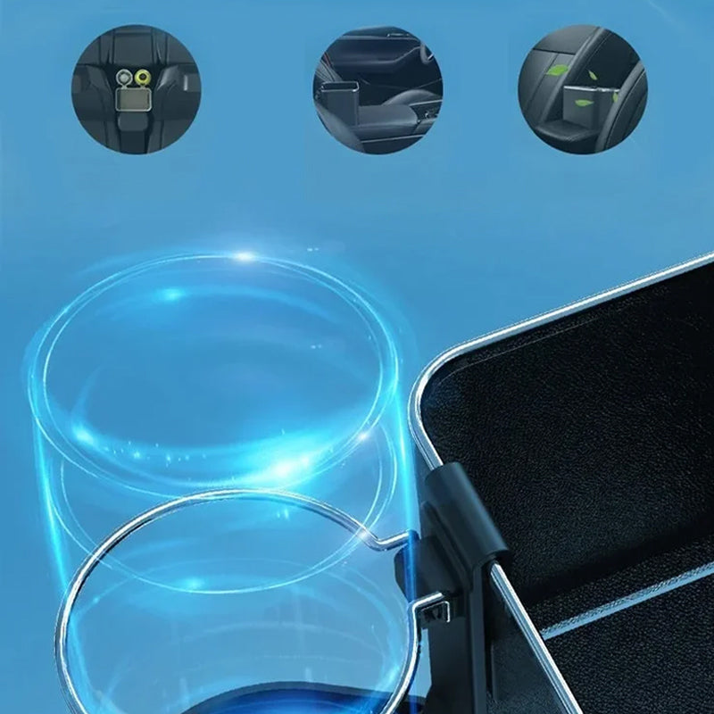 "Elegant bilarmstöd förvaringsbox i svart/beige ABS, perfekt för organisering av småsaker i bilen, matchar interiören."