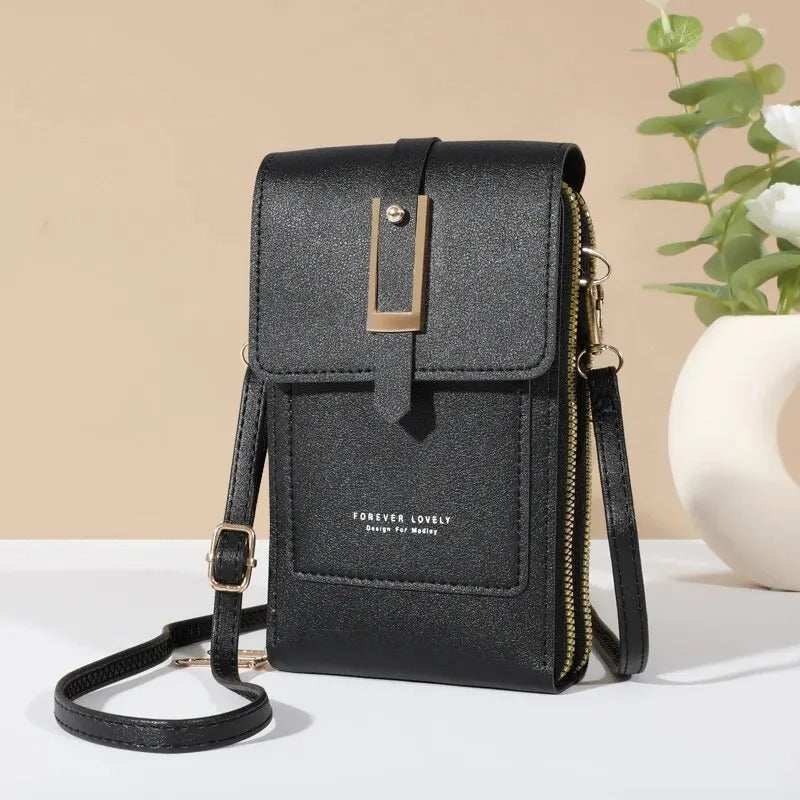 Crossbody dam mobilväska i rött konstläder, med pekskärm och plats för alla tillbehör.