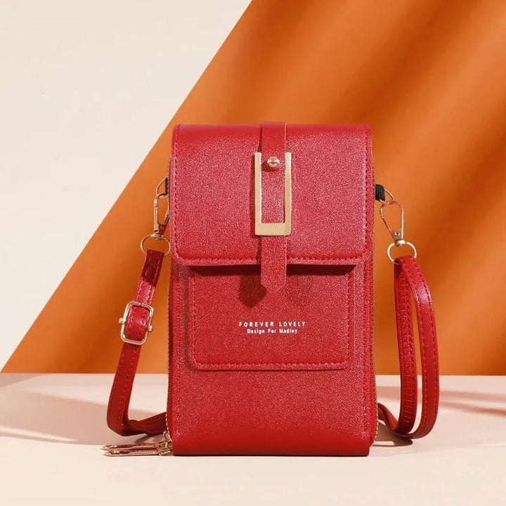 Trendig mobilväska för damer i vitt konstläder, pekskärmsfunktion och praktisk korthållare.