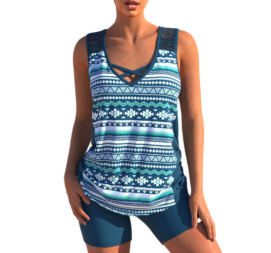 "Elegant damtankini med v-hals och kryssband, löst passform, snabbtorkande och med blommönster, perfekt för strand."