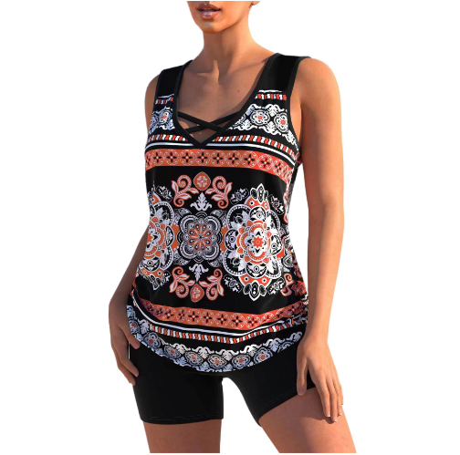 "Elegant damtankini med v-hals och kryssband, löst passform, snabbtorkande och med blommönster, perfekt för strand."