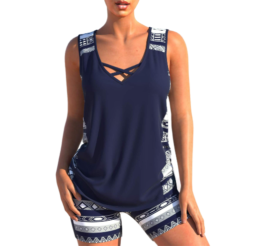 "Elegant damtankini med v-hals och kryssband, löst passform, snabbtorkande och med blommönster, perfekt för strand."