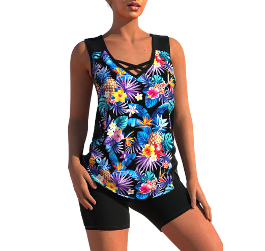 "Elegant damtankini med v-hals och kryssband, löst passform, snabbtorkande och med blommönster, perfekt för strand."