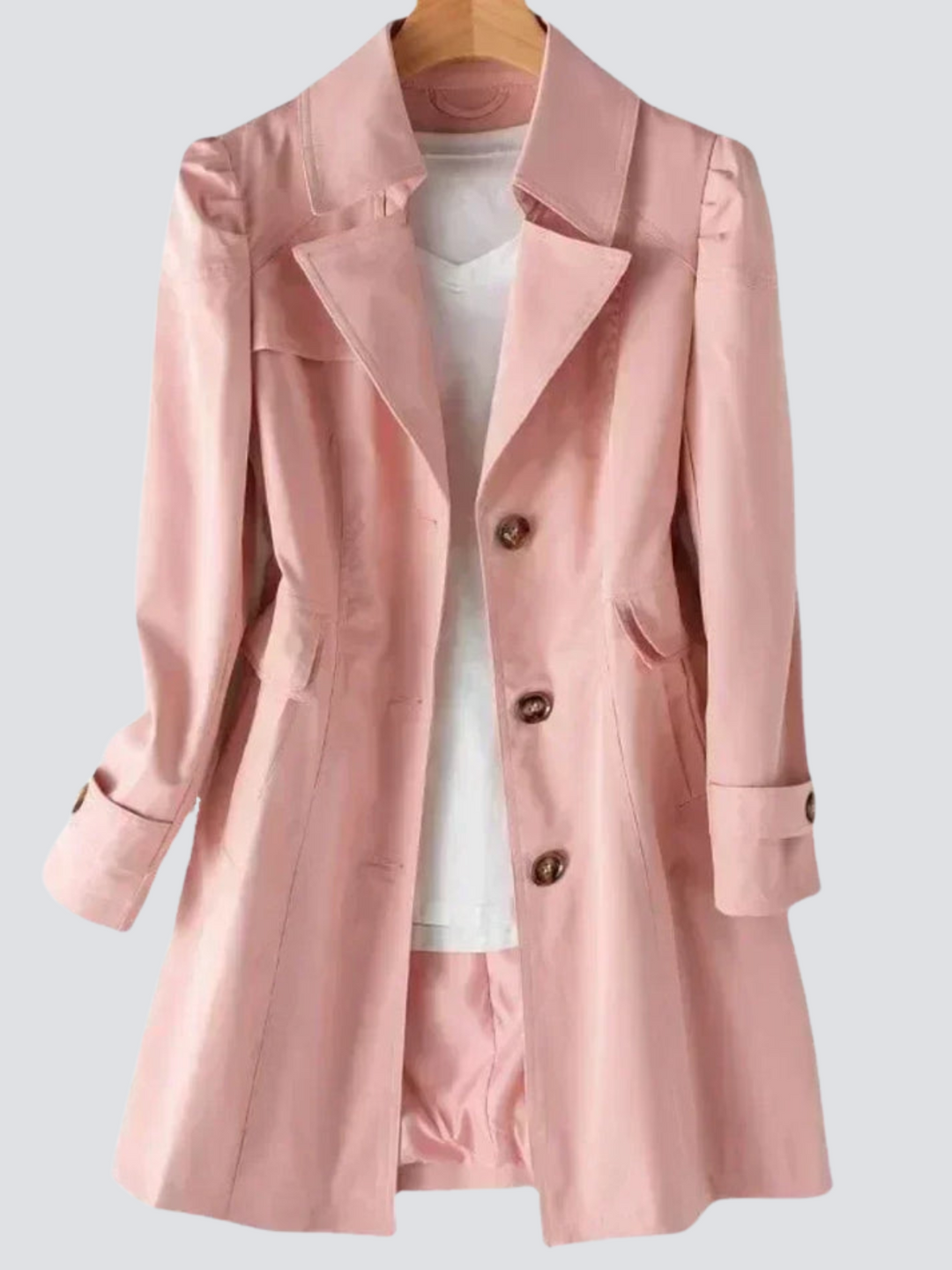 "Elegant damtrenchcoat i midi-längd med knappar, perfekt för höst/vinter. Visad i svart, långärmad, casual stil."