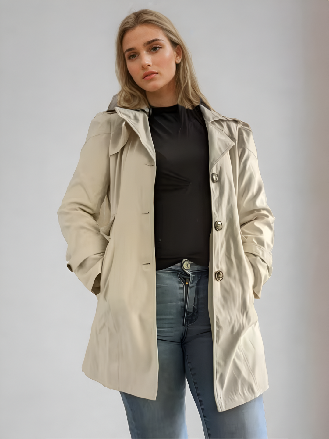 "Elegant damtrenchcoat i midi-längd med knappar, perfekt för höst/vinter. Visad i svart, långärmad, casual stil."