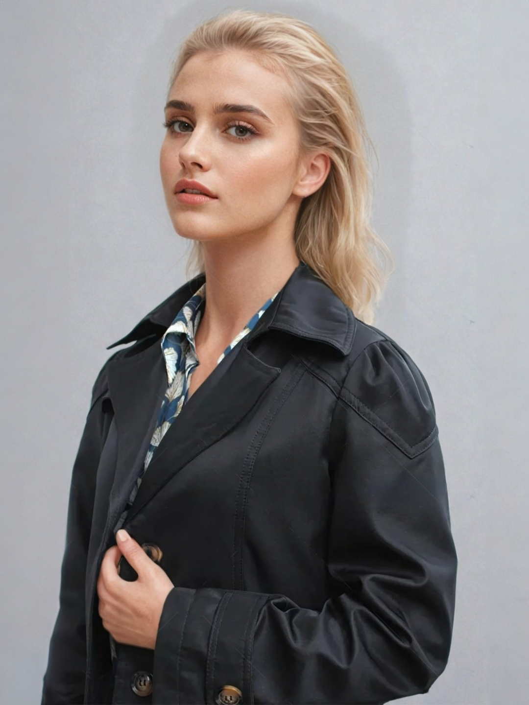 "Elegant damtrenchcoat i midi-längd med knappar, perfekt för höst/vinter. Visad i svart, långärmad, casual stil."