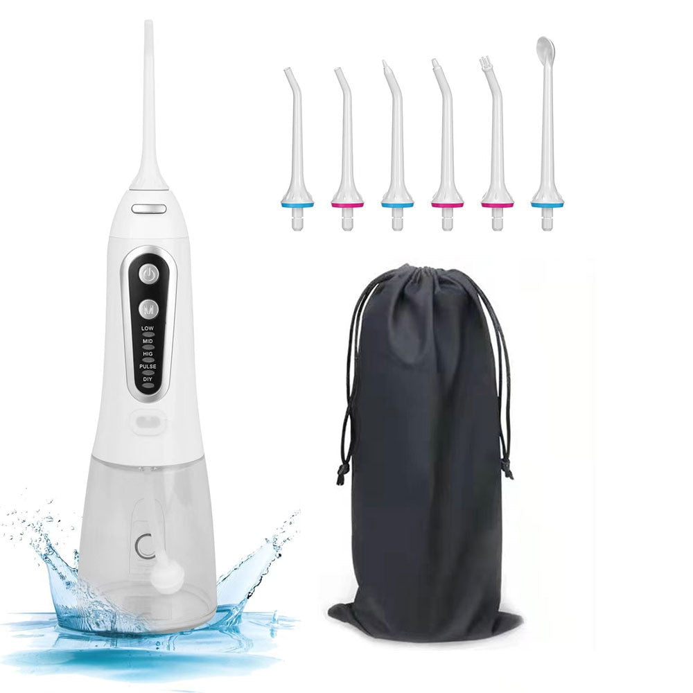 "Elegant designad portabel IPX7 vattenstråleflosser med USB-laddning, 300 ml tank för effektiv tandvård hemma och på resor."