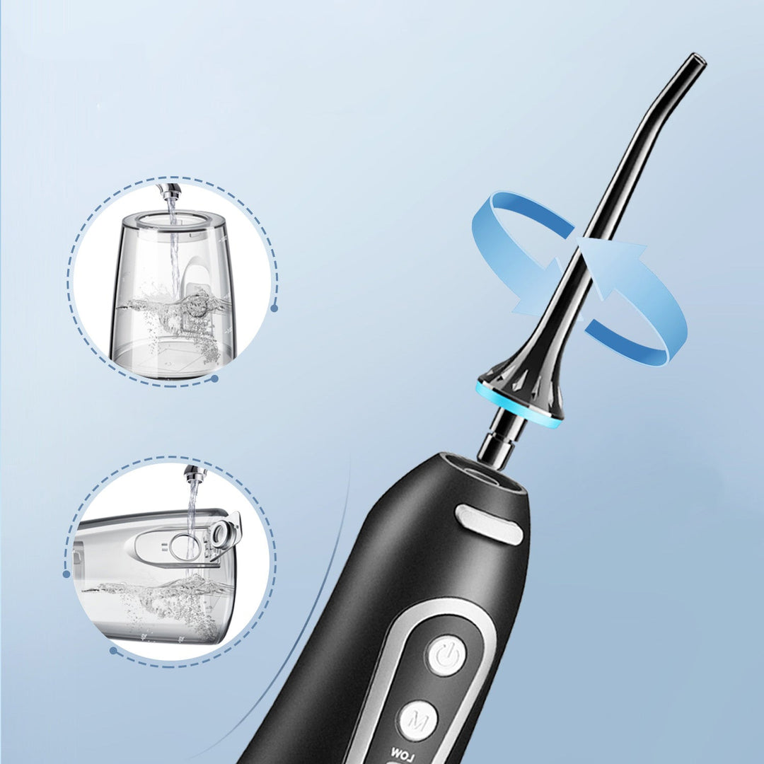 "Elegant designad portabel IPX7 vattenstråleflosser med USB-laddning, 300 ml tank för effektiv tandvård hemma och på resor."
