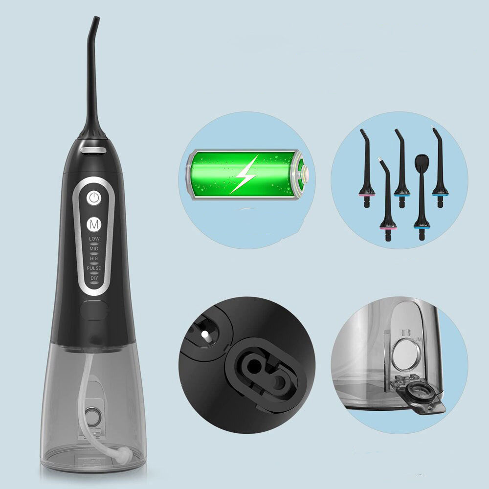 "Elegant designad portabel IPX7 vattenstråleflosser med USB-laddning, 300 ml tank för effektiv tandvård hemma och på resor."