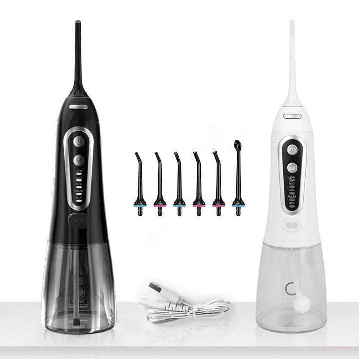 "Elegant designad portabel IPX7 vattenstråleflosser med USB-laddning, 300 ml tank för effektiv tandvård hemma och på resor."