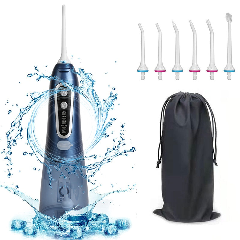 "Elegant designad portabel IPX7 vattenstråleflosser med USB-laddning, 300 ml tank för effektiv tandvård hemma och på resor."