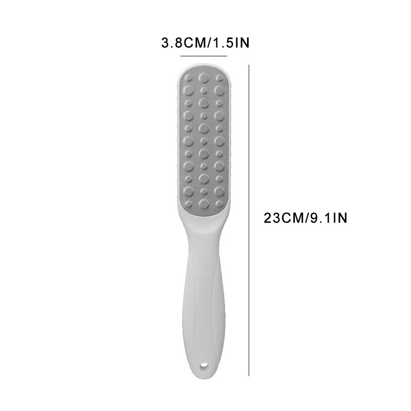 "Elegant dubbel sidig hudrasp för fotvård, ergonomiskt handtag i rostfritt stål och ABS, mjukar fötter effektivt."