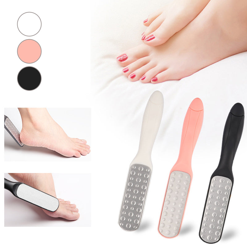"Elegant dubbel sidig hudrasp för fotvård, ergonomiskt handtag i rostfritt stål och ABS, mjukar fötter effektivt."