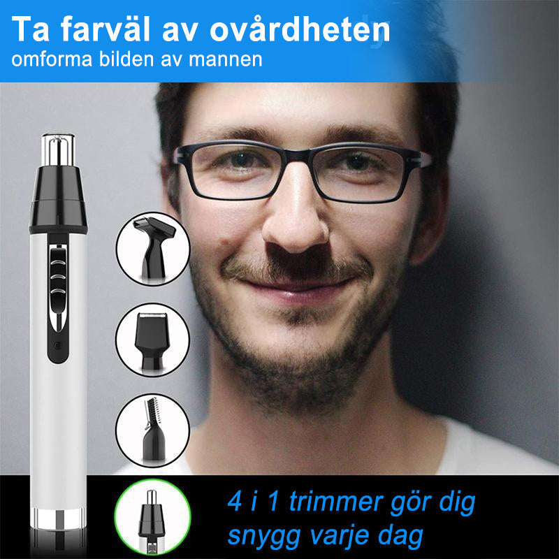 "Elegant elektrisk 4-i-1 näshårstrimmer i silver för män och kvinnor, modell avsedd för effektiv personlig vård."