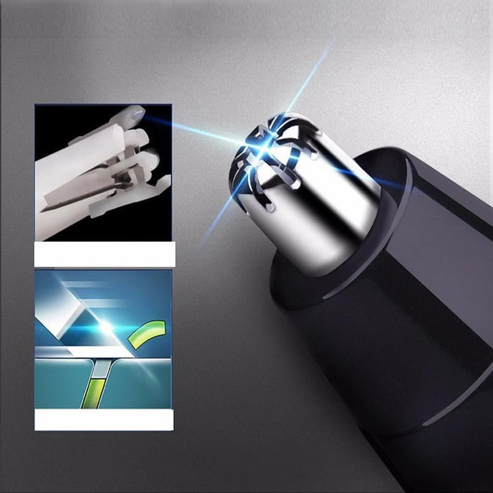 "Elegant elektrisk 4-i-1 näshårstrimmer i silver för män och kvinnor, modell avsedd för effektiv personlig vård."