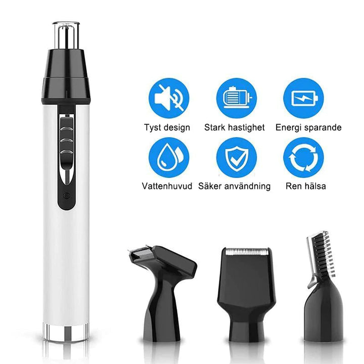 "Elegant elektrisk 4-i-1 näshårstrimmer i silver för män och kvinnor, modell avsedd för effektiv personlig vård."