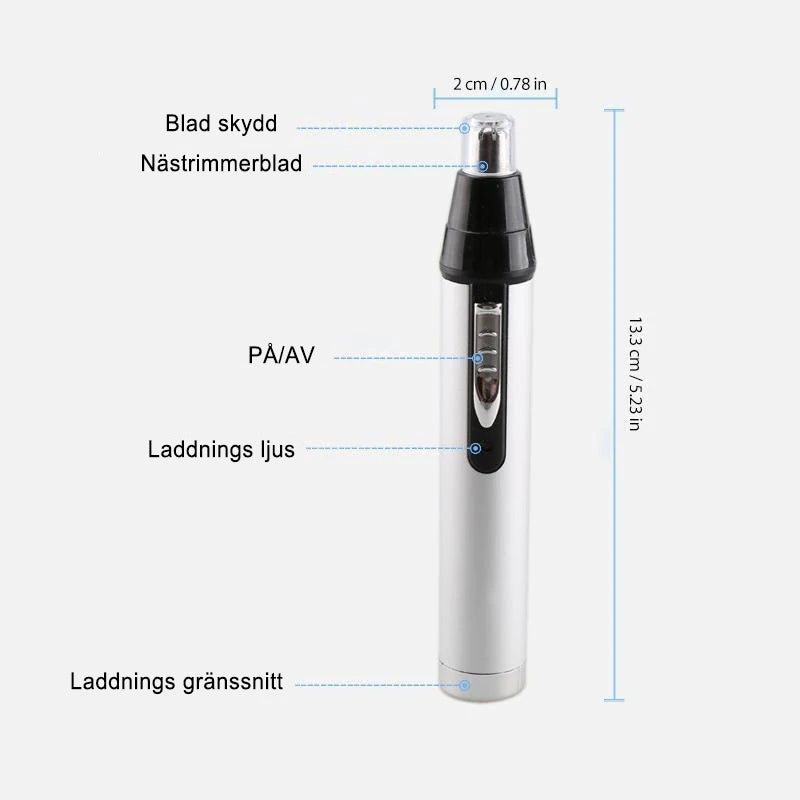"Elegant elektrisk 4-i-1 näshårstrimmer i silver för män och kvinnor, modell avsedd för effektiv personlig vård."