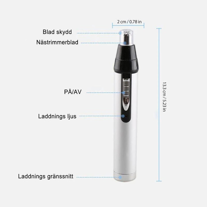 "Elegant elektrisk 4-i-1 näshårstrimmer i silver för män och kvinnor, modell avsedd för effektiv personlig vård."