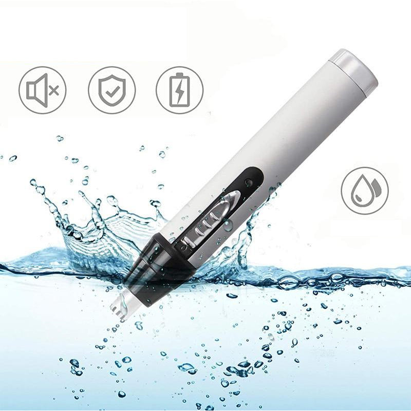 "Elegant elektrisk 4-i-1 näshårstrimmer i silver för män och kvinnor, modell avsedd för effektiv personlig vård."